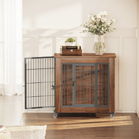27.2" Dog Crate Furniture with Wheels for Small Dogs, Heavy Duty Dog Kennel Indoor with 2 Doors, Wooden Pet Cage End Table